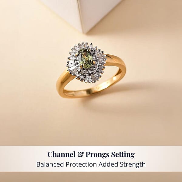 D'Joy Ambanja Demantoid Garnet And Diamond 0.90 Ctw Sunburst Ring In 18K Vermeil Yellow Gold Over Sterling Silver