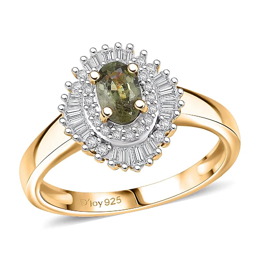 D'Joy Ambanja Demantoid Garnet and Diamond 0.90 ctw Sunburst Ring in 18K Vermeil Yellow Gold Over Sterling Silver