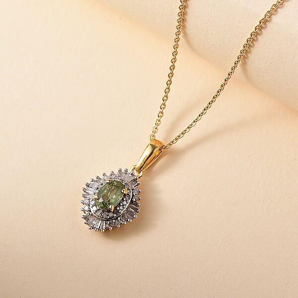 D'Joy Ambanja Demantoid Garnet And Diamond 1.00 Ctw Sunburst Pendant Necklace In 18K Vermeil Yellow Gold Over Sterling Silver 20 Inches