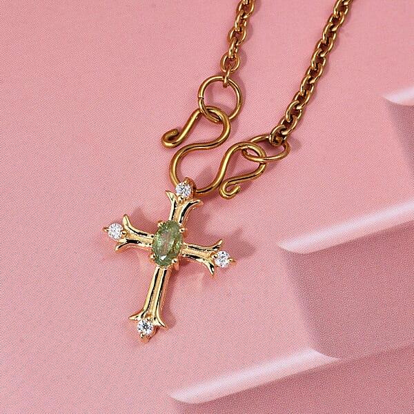 D'Joy Ambanja Demantoid Garnet And Moissanite 0.40 Ctw Cross Pendant Necklace In 18K Vermeil Yellow Gold Over Sterling Silver 20 Inches