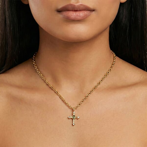 D'Joy Ambanja Demantoid Garnet And Moissanite 0.40 Ctw Cross Pendant Necklace In 18K Vermeil Yellow Gold Over Sterling Silver 20 Inches