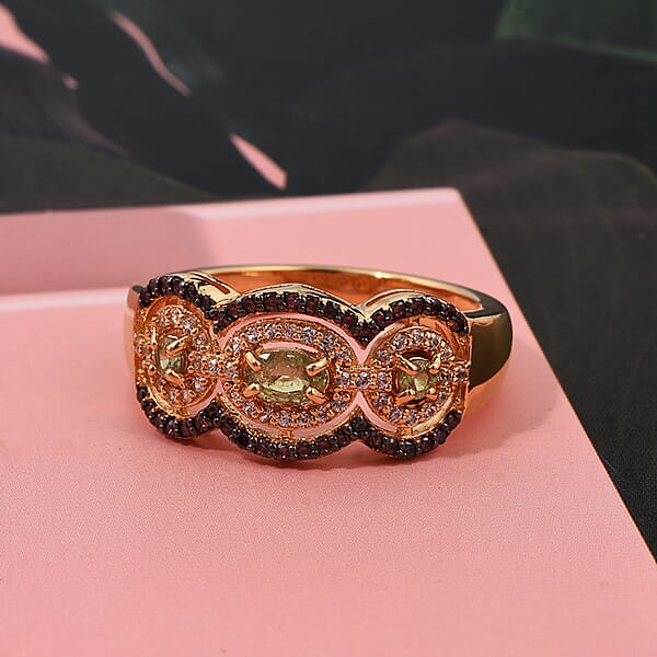 D'Joy Ambanja Demantoid Garnet Coffee And White Zircon 1.10 Ctw Greenfire Regal Ring In 18K Vermeil Yellow Gold Over Sterling Silver