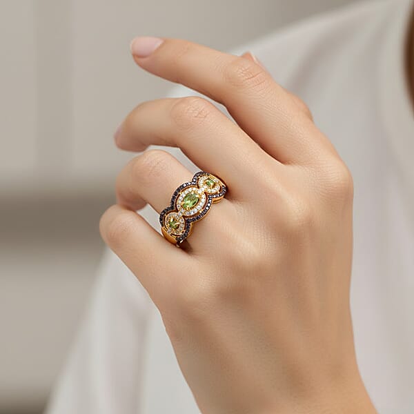 D'Joy Ambanja Demantoid Garnet Coffee And White Zircon 1.10 Ctw Greenfire Regal Ring In 18K Vermeil Yellow Gold Over Sterling Silver
