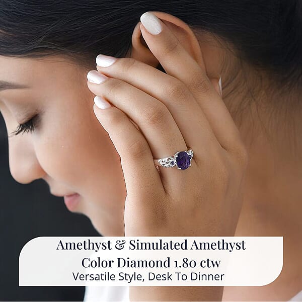 D'Joy Amethyst And Simulated Amethyst Color Diamond 1.80 Ctw Ring In Sterling Silver