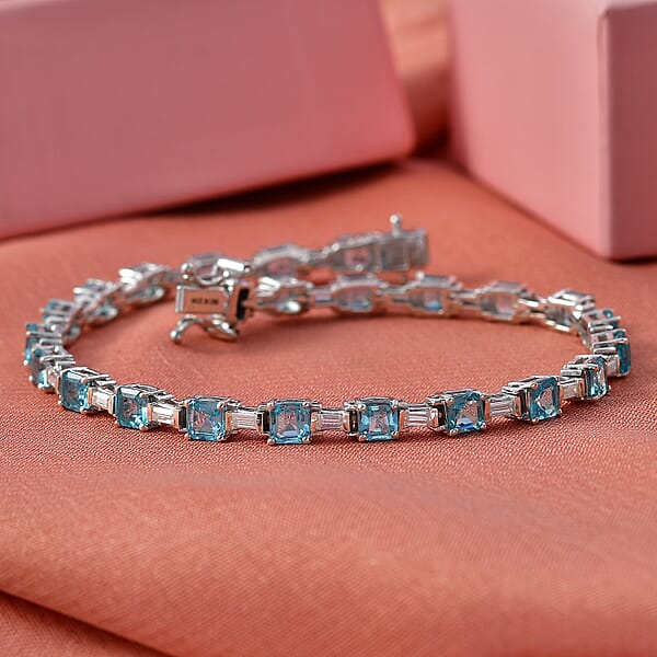 D'Joy Apatite And Moissanite 7.90 Ctw Linear Architecture Bracelet In Rhodium Over Sterling Silver (6.50 In)