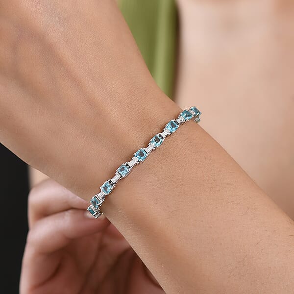 D'Joy Apatite And Moissanite 7.90 Ctw Linear Architecture Bracelet In Rhodium Over Sterling Silver (6.50 In)