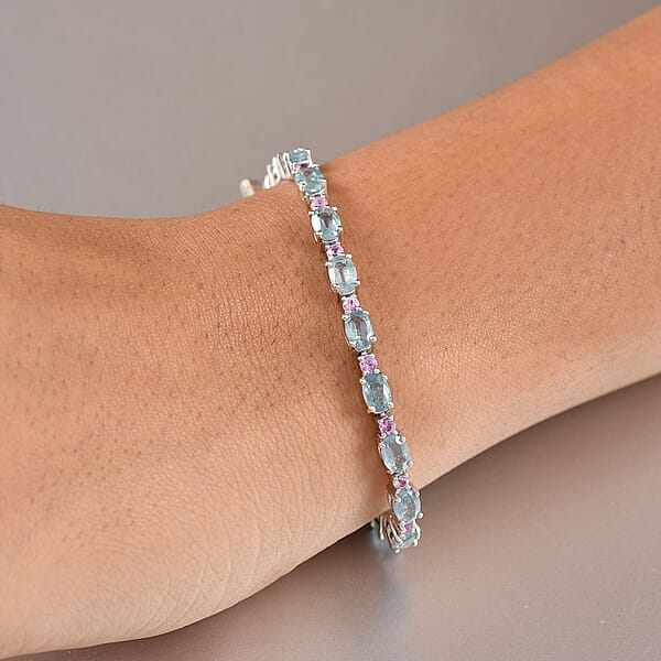 D'Joy Aqua Kyanite And Madagascar Pink Sapphire 12.40 Ctw Water Bubbles Bracelet In Rhodium Over Sterling Silver (7.25 In)