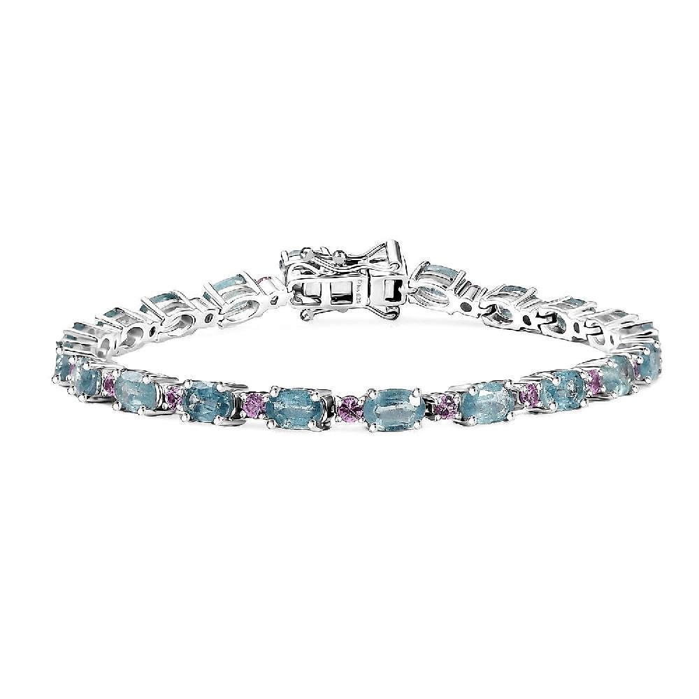 D'Joy Aqua Kyanite and Madagascar Pink Sapphire 12.40 ctw Water Bubbles Bracelet in Rhodium Over Sterling Silver (7.25 In)