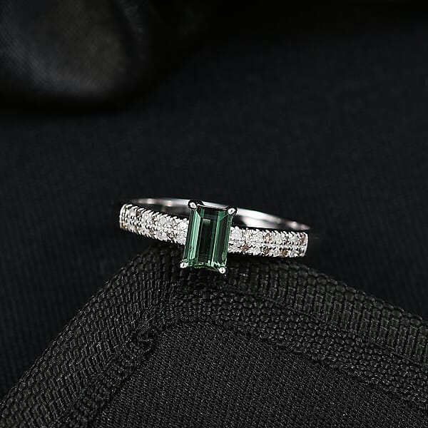 D'Joy Arquiana Mint Tourmaline Natural Champagne And White Diamond Ring In Rhodium Over Sterling Silver 0.70 Ctw