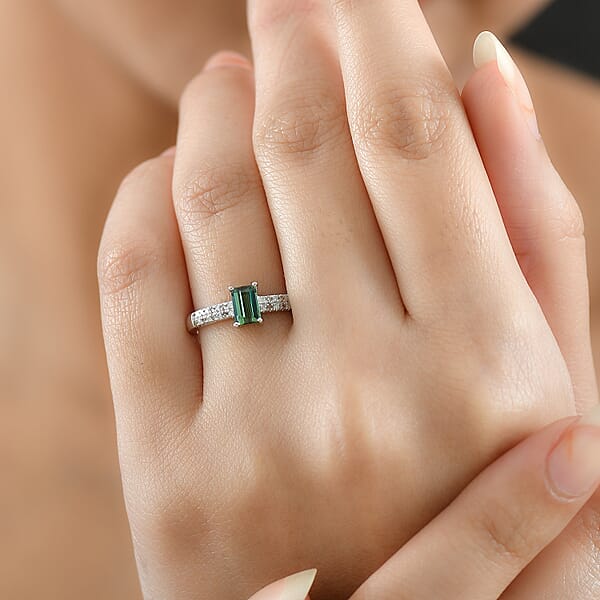D'Joy Arquiana Mint Tourmaline Natural Champagne And White Diamond Ring In Rhodium Over Sterling Silver 0.70 Ctw