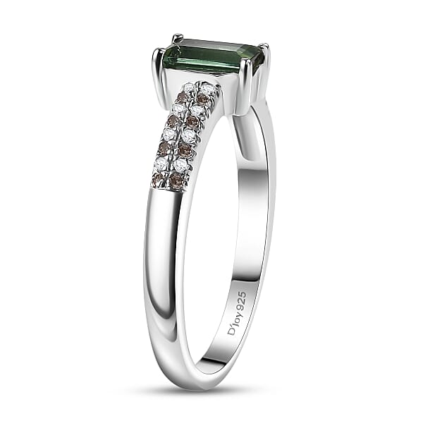 D'Joy Arquiana Mint Tourmaline Natural Champagne And White Diamond Ring In Rhodium Over Sterling Silver 0.70 Ctw