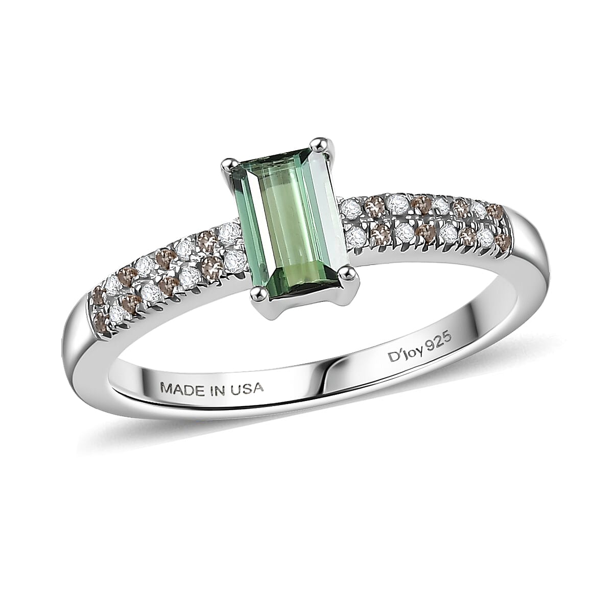 D'Joy Arquiana Mint Tourmaline Natural Champagne and White Diamond Ring in Rhodium Over Sterling Silver 0.70 ctw