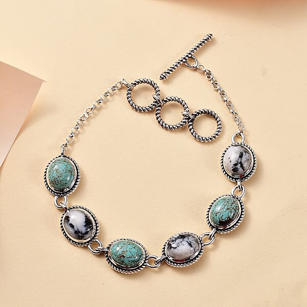 D'Joy Artisan Crafted Blue Horizon Turquoise And White Buffalo 15.80 Ctw Toggle Clasp Bracelet In Black Oxidized Sterling Silver (6.50-8.0In) (7.25 In)