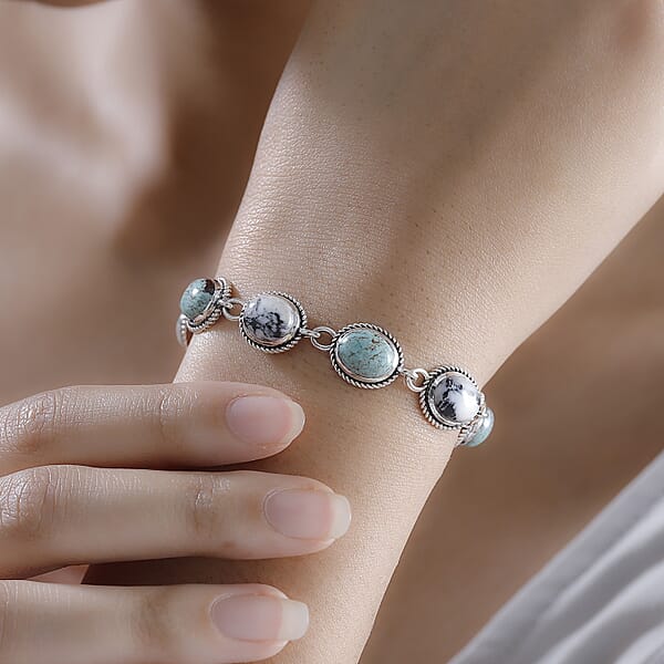 D'Joy Artisan Crafted Blue Horizon Turquoise And White Buffalo 15.80 Ctw Toggle Clasp Bracelet In Black Oxidized Sterling Silver (6.50-8.0In) (7.25 In)