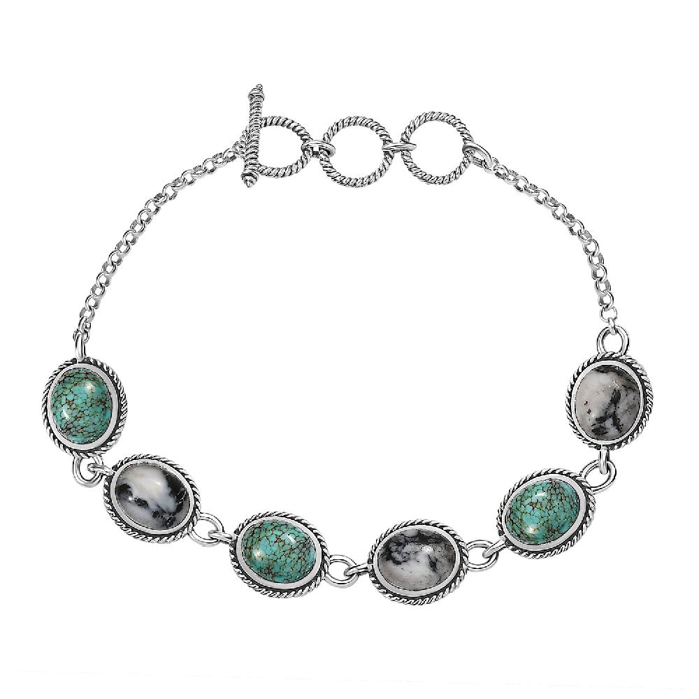 D'Joy Artisan Crafted Blue Horizon Turquoise and White Buffalo 15.80 ctw Toggle Clasp Bracelet in Black Oxidized Sterling Silver (6.50-8.0In) (7.25 In)