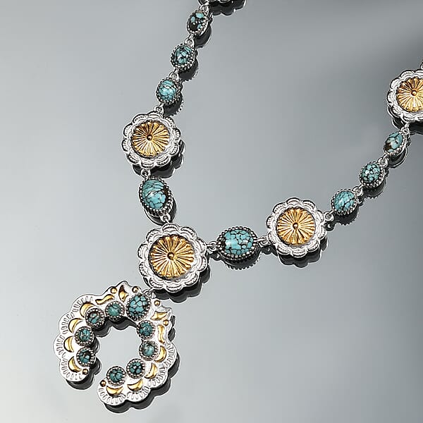 D'Joy Artisan Crafted Blue Moon Turquoise 5.95 Ctw Native American Concho Necklace In 18K YG And Rhodium Over Sterling Silver 18 Inches