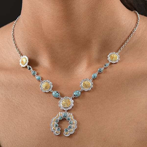 D'Joy Artisan Crafted Blue Moon Turquoise 5.95 Ctw Native American Concho Necklace In 18K YG And Rhodium Over Sterling Silver 18 Inches