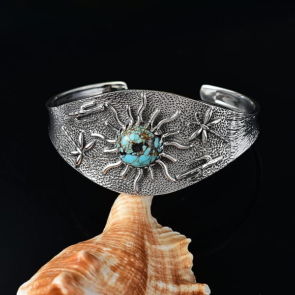 D'Joy Artisan Crafted Blue Moon Turquoise 8.25 Ctw Cactus Dragonfly And Sunflower Cuff Bracelet In Black Oxidized Sterling Silver (7.25 In)