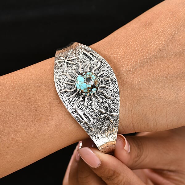D'Joy Artisan Crafted Blue Moon Turquoise 8.25 Ctw Cactus Dragonfly And Sunflower Cuff Bracelet In Black Oxidized Sterling Silver (7.25 In)