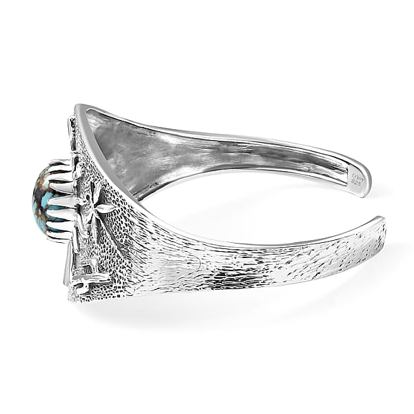 D'Joy Artisan Crafted Blue Moon Turquoise 8.25 Ctw Cactus Dragonfly And Sunflower Cuff Bracelet In Black Oxidized Sterling Silver (7.25 In)