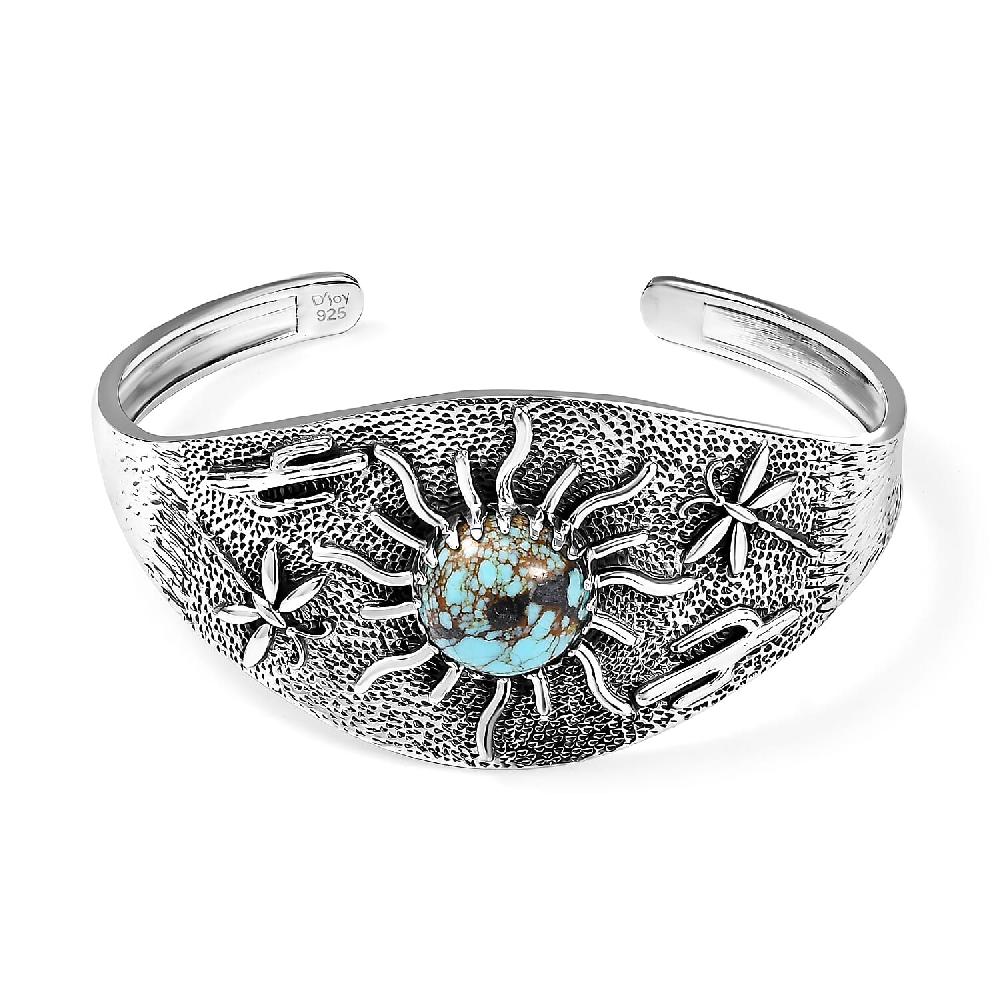 D'Joy Artisan Crafted Blue Moon Turquoise 8.25 ctw Cactus Dragonfly and Sunflower Cuff Bracelet in Black Oxidized Sterling Silver (7.25 In)