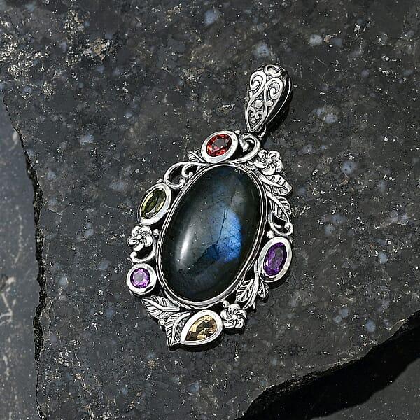 D'Joy Artisan Crafted Malagasy Labradorite And Multi Gemstone 13.40 Ctw Pendant Without Chain In Sterling Silver