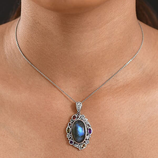 D'Joy Artisan Crafted Malagasy Labradorite And Multi Gemstone 13.40 Ctw Pendant Without Chain In Sterling Silver