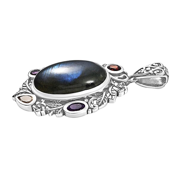 D'Joy Artisan Crafted Malagasy Labradorite And Multi Gemstone 13.40 Ctw Pendant Without Chain In Sterling Silver