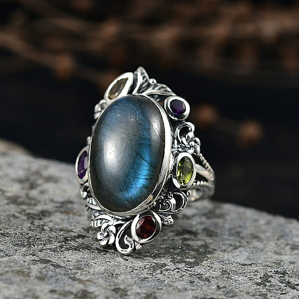 D'Joy Artisan Crafted Malagasy Labradorite And Multi Gemstone 13.30 Ctw Ring In Sterling Silver