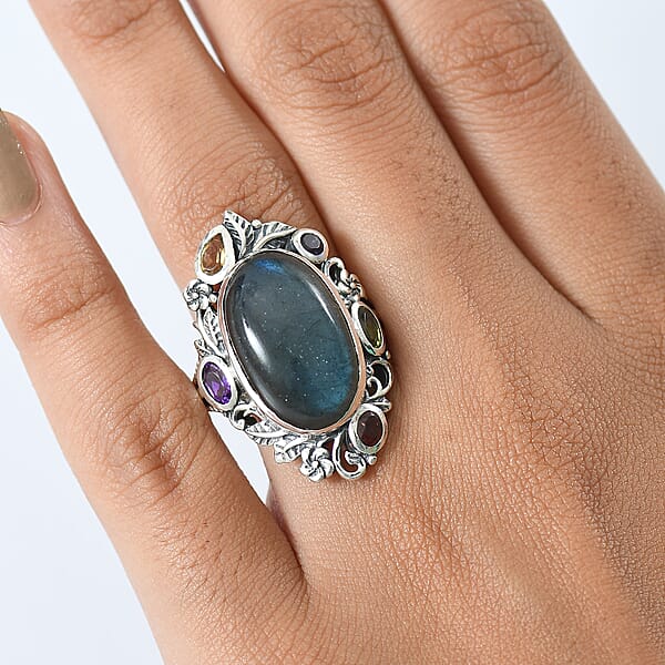 D'Joy Artisan Crafted Malagasy Labradorite And Multi Gemstone 13.30 Ctw Ring In Sterling Silver