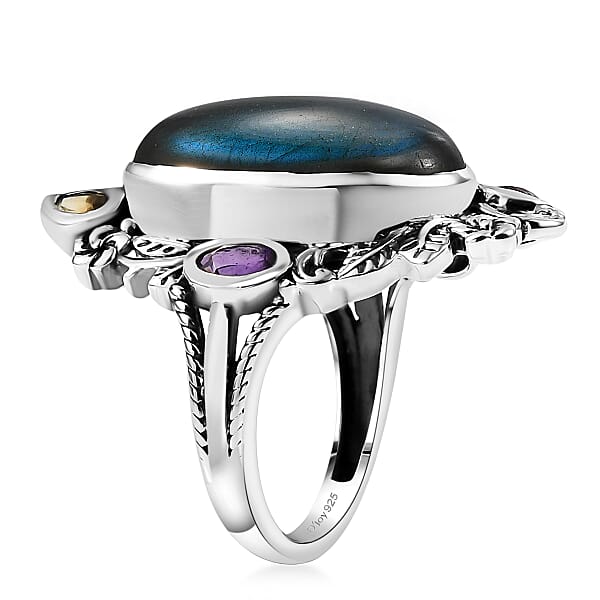 D'Joy Artisan Crafted Malagasy Labradorite And Multi Gemstone 13.30 Ctw Ring In Sterling Silver