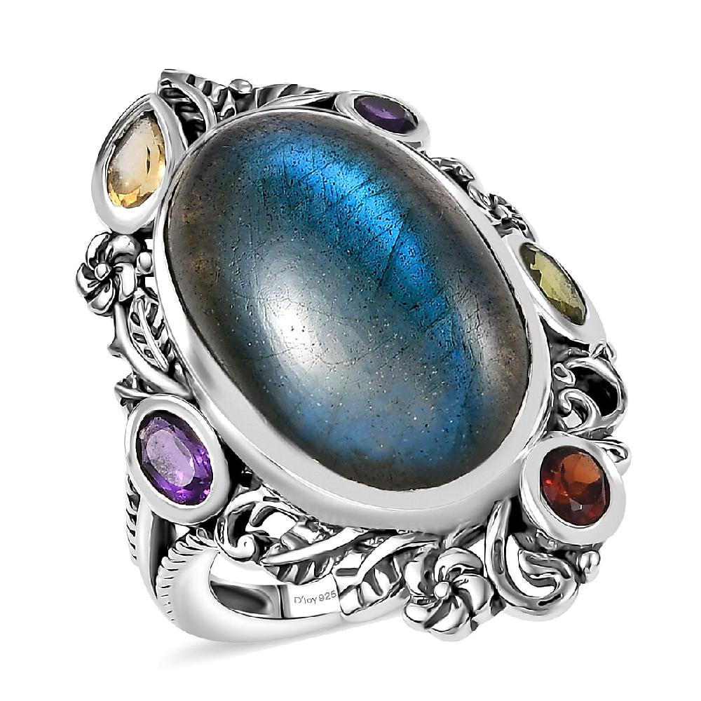 D'Joy Artisan Crafted Malagasy Labradorite and Multi Gemstone 13.30 ctw Ring in Sterling Silver