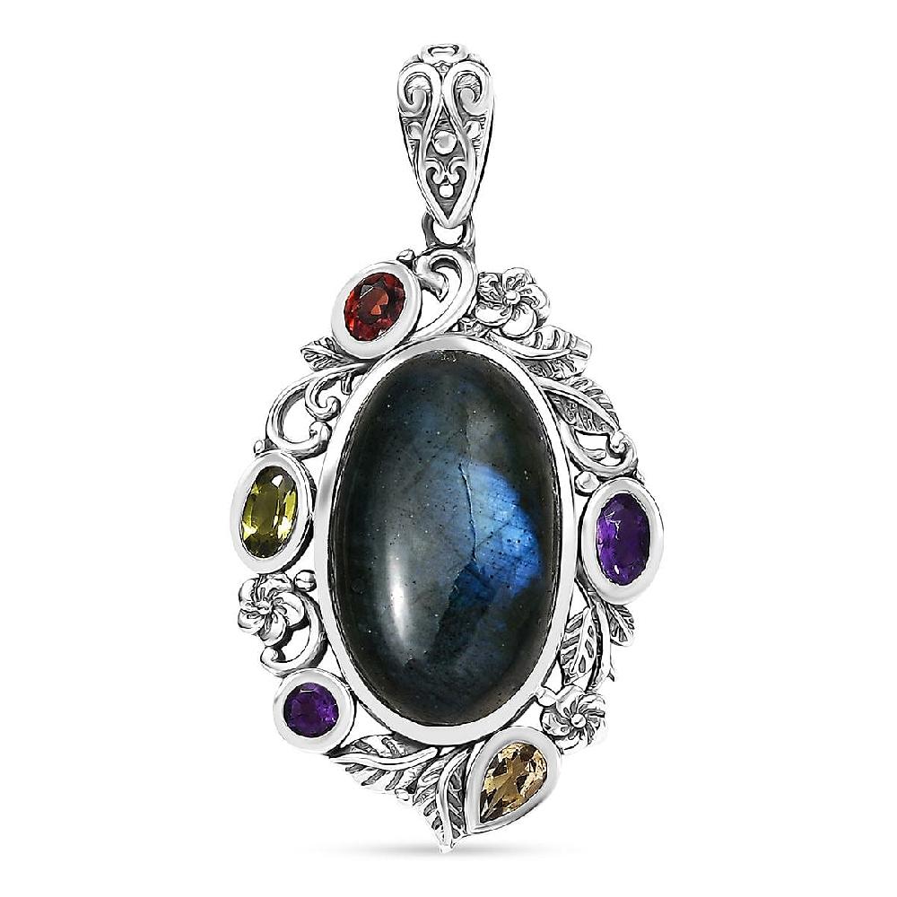 D'Joy Artisan Crafted Malagasy Labradorite and Multi Gemstone 13.40 ctw Pendant without Chain in Sterling Silver