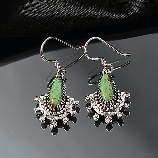 D'Joy Artisan Crafted Premium Royston Turquoise 5.00 Ctw Earrings In Black Oxidised Sterling Silver