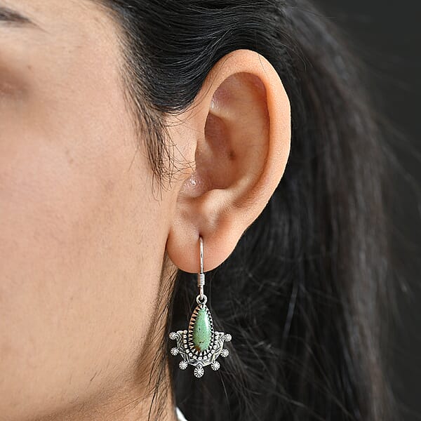 D'Joy Artisan Crafted Premium Royston Turquoise 5.00 Ctw Earrings In Black Oxidised Sterling Silver