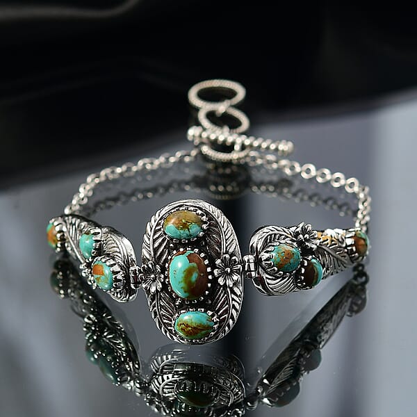 D'Joy Artisan Crafted Premium Royston Turquoise 7.50 Ctw Bracelet In Black Oxidised Sterling Silver (6.50-8.0In)