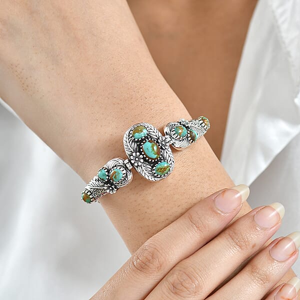 D'Joy Artisan Crafted Premium Royston Turquoise 7.50 Ctw Bracelet In Black Oxidised Sterling Silver (6.50-8.0In)