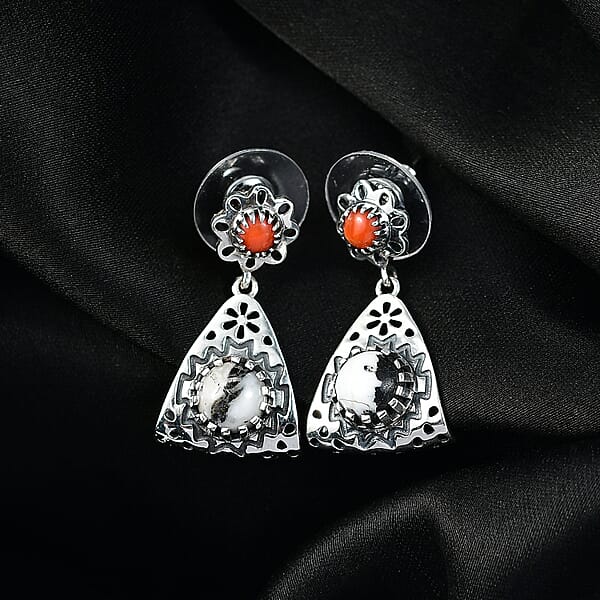 D'Joy Artisan Crafted Premium White Buffalo And Coral 3.00 Ctw Earrings In Black Oxidised Sterling Silver