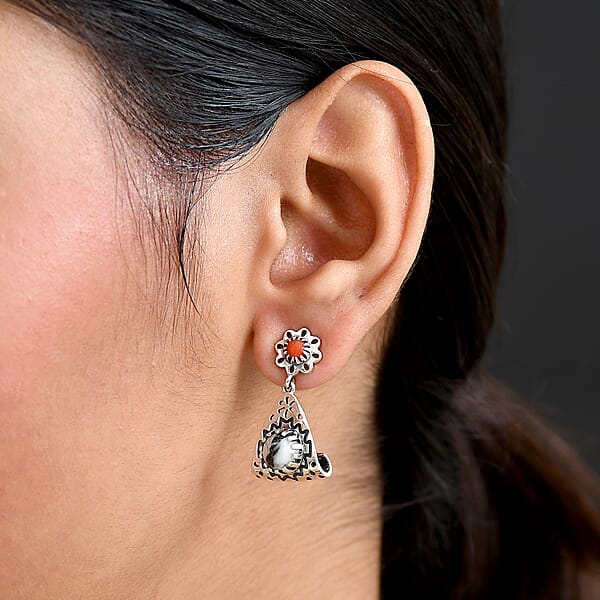 D'Joy Artisan Crafted Premium White Buffalo And Coral 3.00 Ctw Earrings In Black Oxidised Sterling Silver