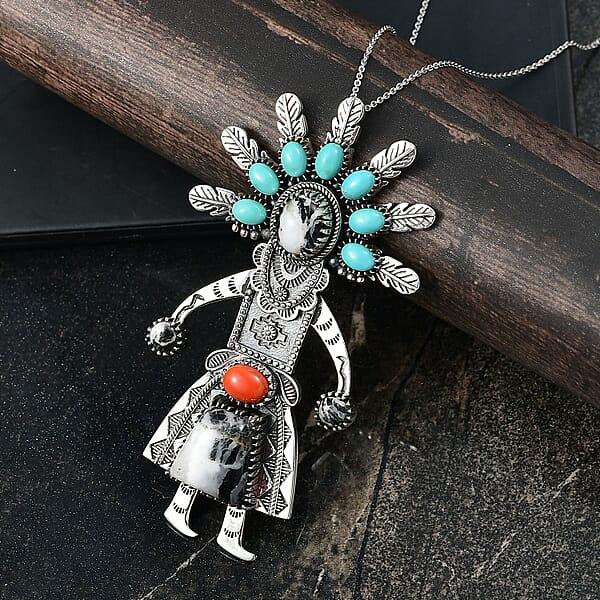 D'Joy Artisan Crafted Premium White Buffalo And Multi Gemstone 18.80 Ctw Pendant Necklace In Black Oxidised Sterling Silver 18 Inches