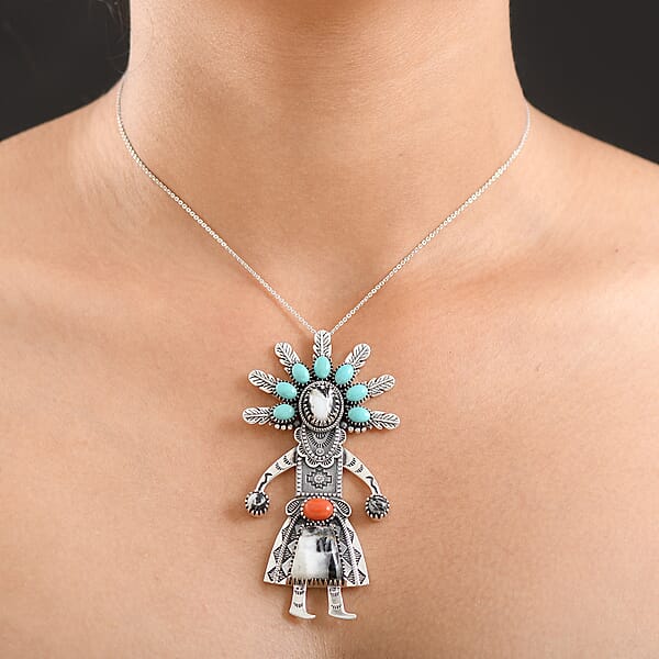 D'Joy Artisan Crafted Premium White Buffalo And Multi Gemstone 18.80 Ctw Pendant Necklace In Black Oxidised Sterling Silver 18 Inches