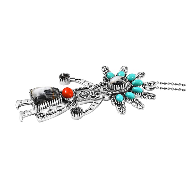 D'Joy Artisan Crafted Premium White Buffalo And Multi Gemstone 18.80 Ctw Pendant Necklace In Black Oxidised Sterling Silver 18 Inches