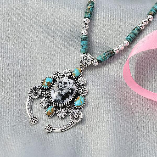 D'Joy Artisan Crafted Premium White Buffalo And Royston Turquoise 44.20 Ctw Pendant Necklace In Rhodium Over Sterling Silver 20 Inches