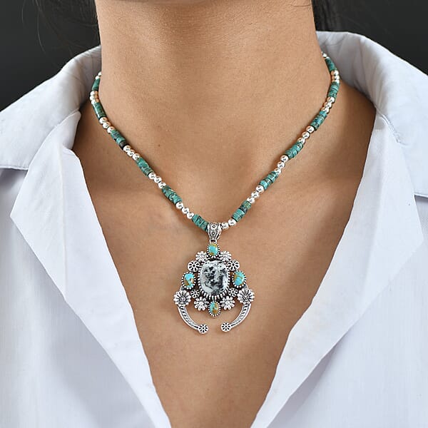 D'Joy Artisan Crafted Premium White Buffalo And Royston Turquoise 44.20 Ctw Pendant Necklace In Rhodium Over Sterling Silver 20 Inches