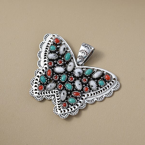 D'Joy Artisan Crafted Premium White Buffalo Multi Gemstone Butterfly Pendant Without Chain In Sterling Silver 7.85 Ctw