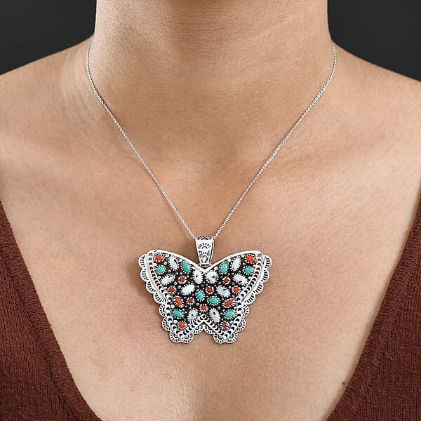 D'Joy Artisan Crafted Premium White Buffalo Multi Gemstone Butterfly Pendant Without Chain In Sterling Silver 7.85 Ctw