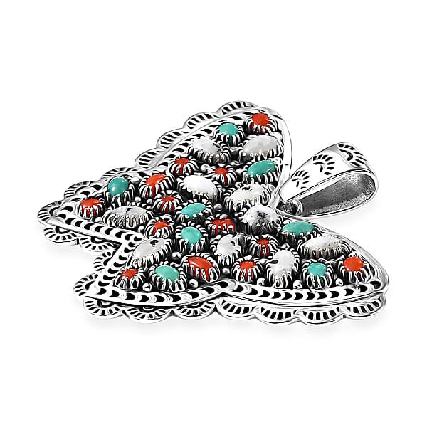 D'Joy Artisan Crafted Premium White Buffalo Multi Gemstone Butterfly Pendant Without Chain In Sterling Silver 7.85 Ctw