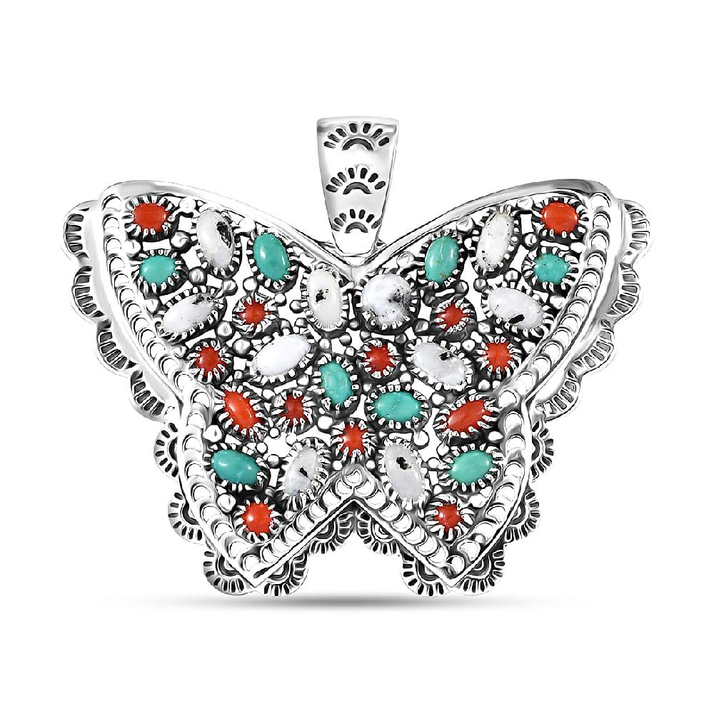 D'Joy Artisan Crafted Premium White Buffalo Multi Gemstone Butterfly Pendant without Chain in Sterling Silver 7.85 ctw