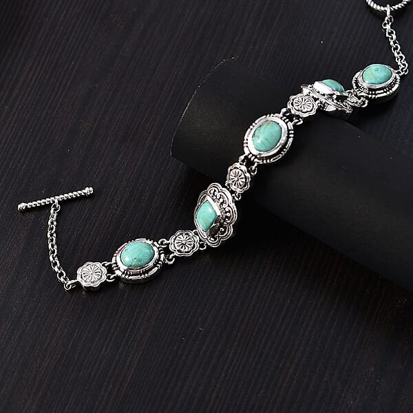 D'Joy Artisan Crafted Royston Turquoise 8.40 Ctw Floral Bracelet In Sterling Silver (6.50-8.0In)