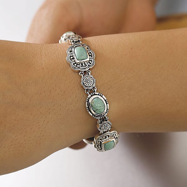 D'Joy Artisan Crafted Royston Turquoise 8.40 Ctw Floral Bracelet In Sterling Silver (6.50-8.0In)